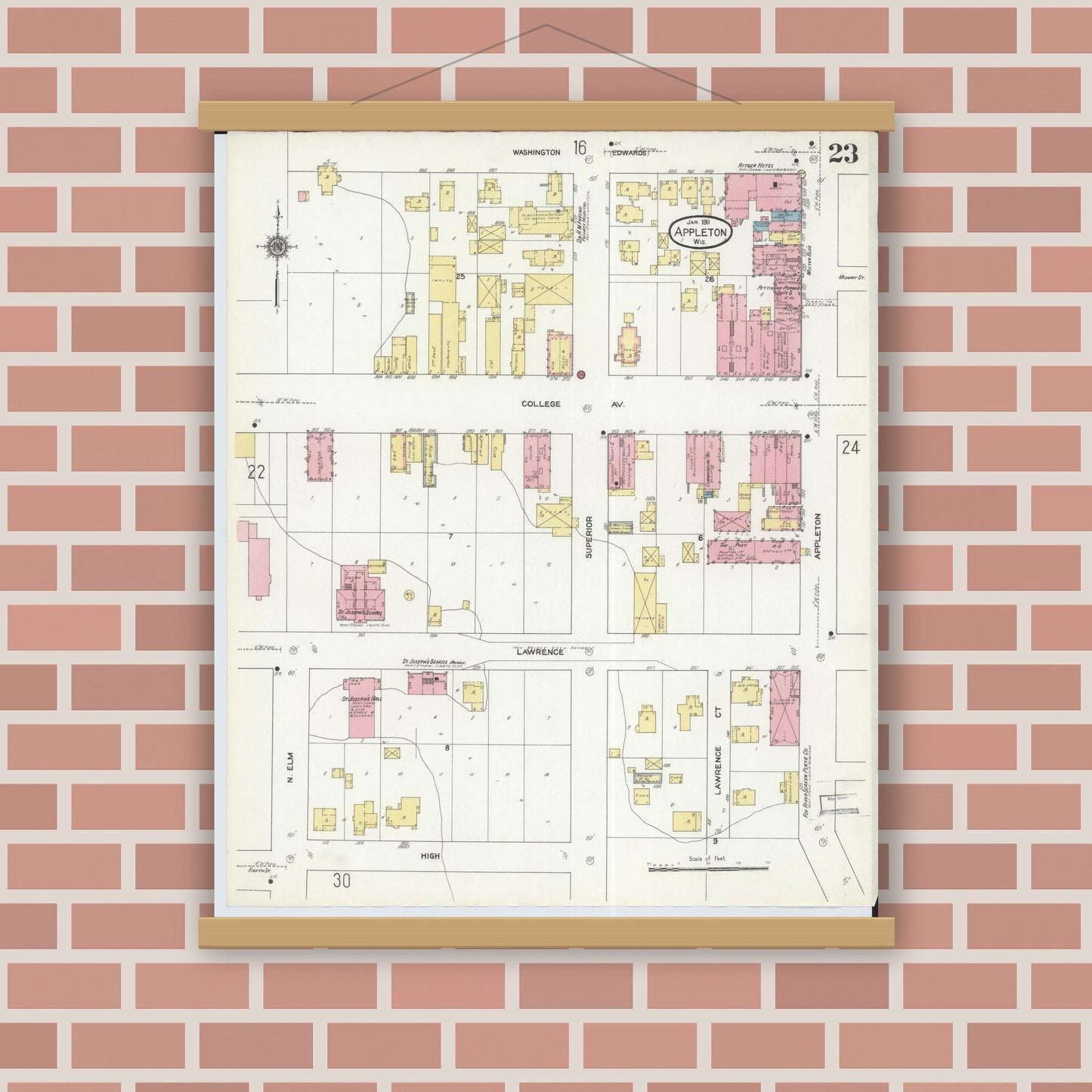 Old map wall art mockup — magnetic wood frame on brick wall — Sanborn Fire Insurance Map from Appleton, Outagamie County, Wisconsin (1911), Sheet #0023