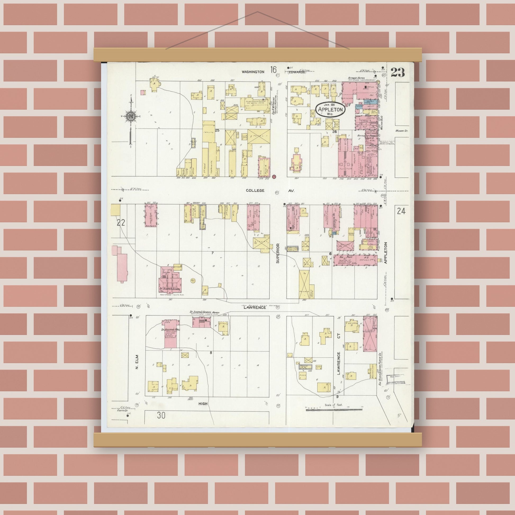 Old map wall art mockup — magnetic wood frame on brick wall — Sanborn Fire Insurance Map from Appleton, Outagamie County, Wisconsin (1911), Sheet #0023
