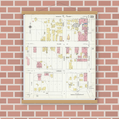 Old map wall art mockup — magnetic wood frame on brick wall — Sanborn Fire Insurance Map from Appleton, Outagamie County, Wisconsin (1911), Sheet #0023
