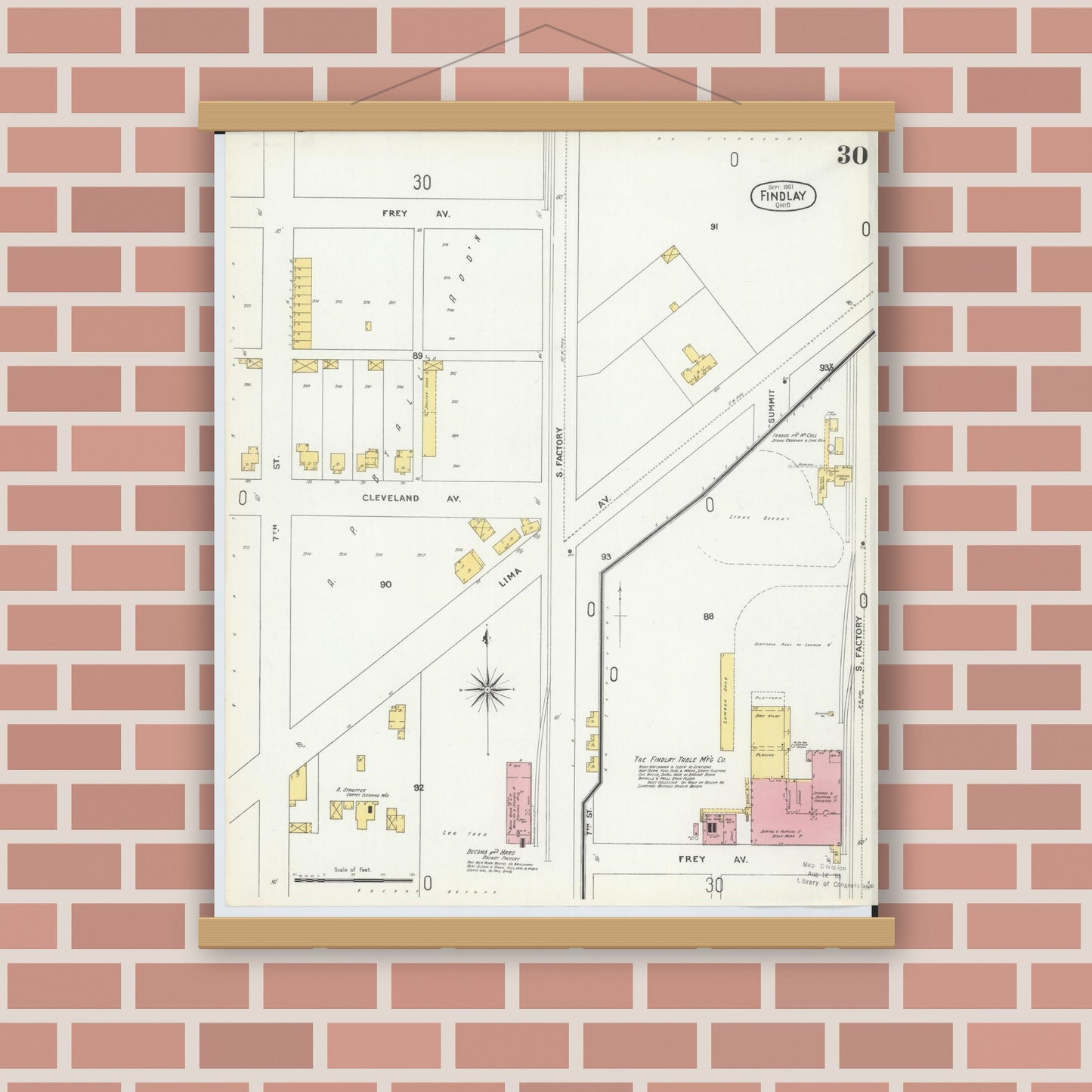Old map wall art mockup — magnetic wood frame on brick wall — Sanborn Fire Insurance Map from Findlay, Hancock County, Ohio (1901), Sheet #0030