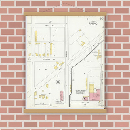 Old map wall art mockup — magnetic wood frame on brick wall — Sanborn Fire Insurance Map from Findlay, Hancock County, Ohio (1901), Sheet #0030