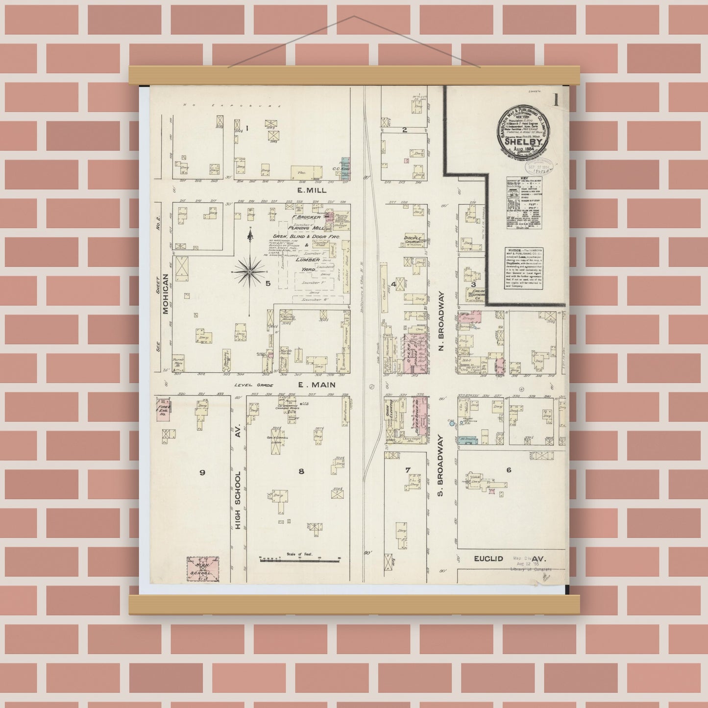 Old map wall art mockup — magnetic wood frame on brick wall — Sanborn Fire Insurance Map from Shelby, Ricland County, Ohio (1884), Sheet #0001