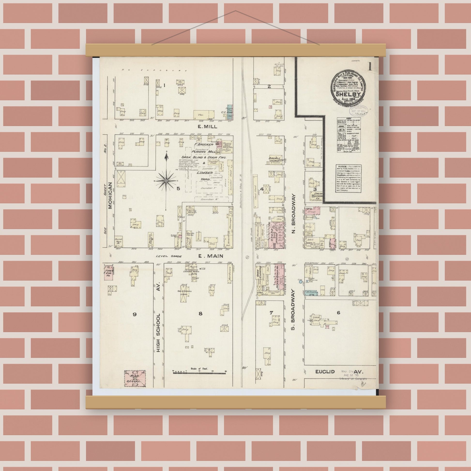 Old map wall art mockup — magnetic wood frame on brick wall — Sanborn Fire Insurance Map from Shelby, Ricland County, Ohio (1884), Sheet #0001