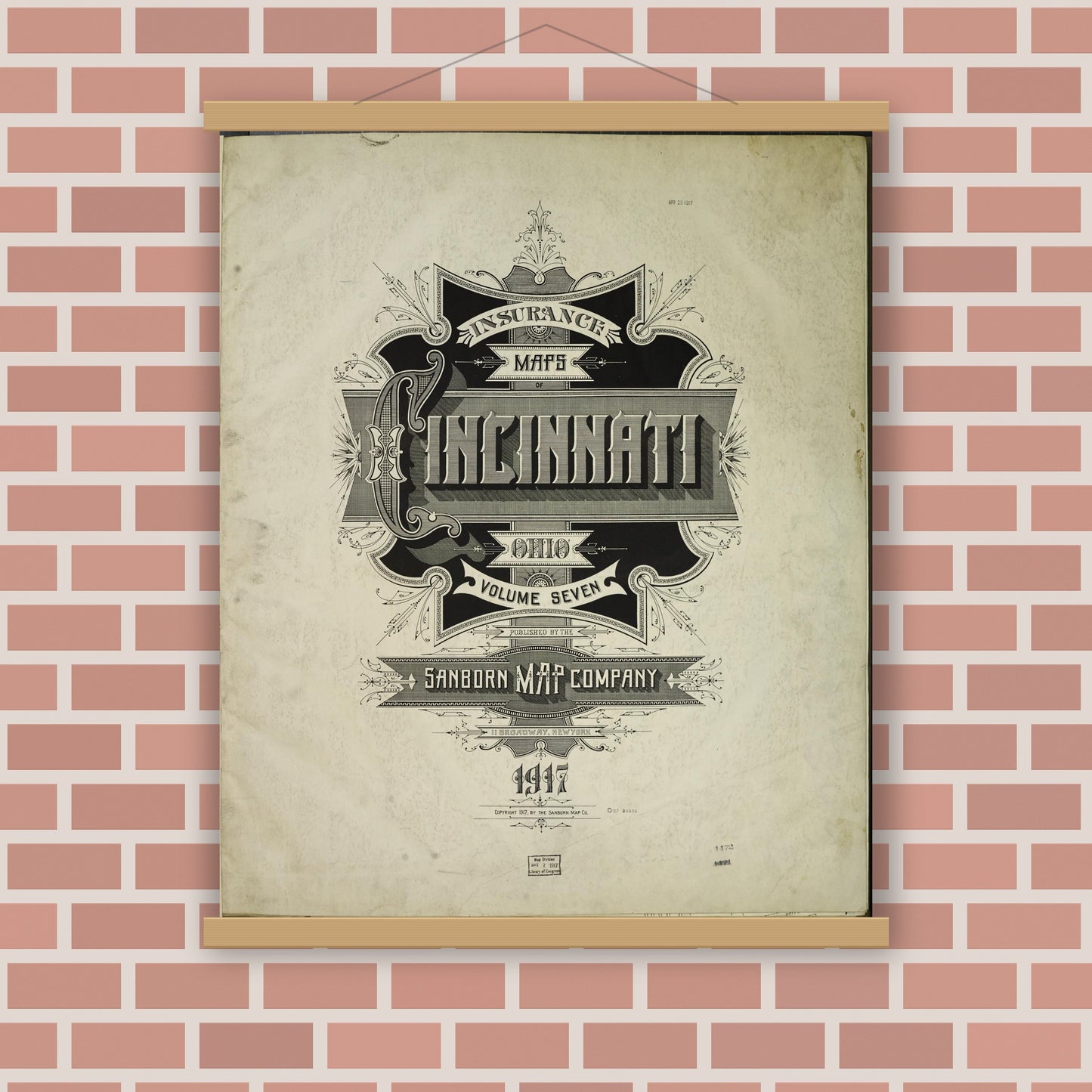 Old map wall art mockup — magnetic wood frame on brick wall — Sanborn Fire Insurance Map from Cincinnati, Hamilton County, Ohio (1917), Sheet #0001