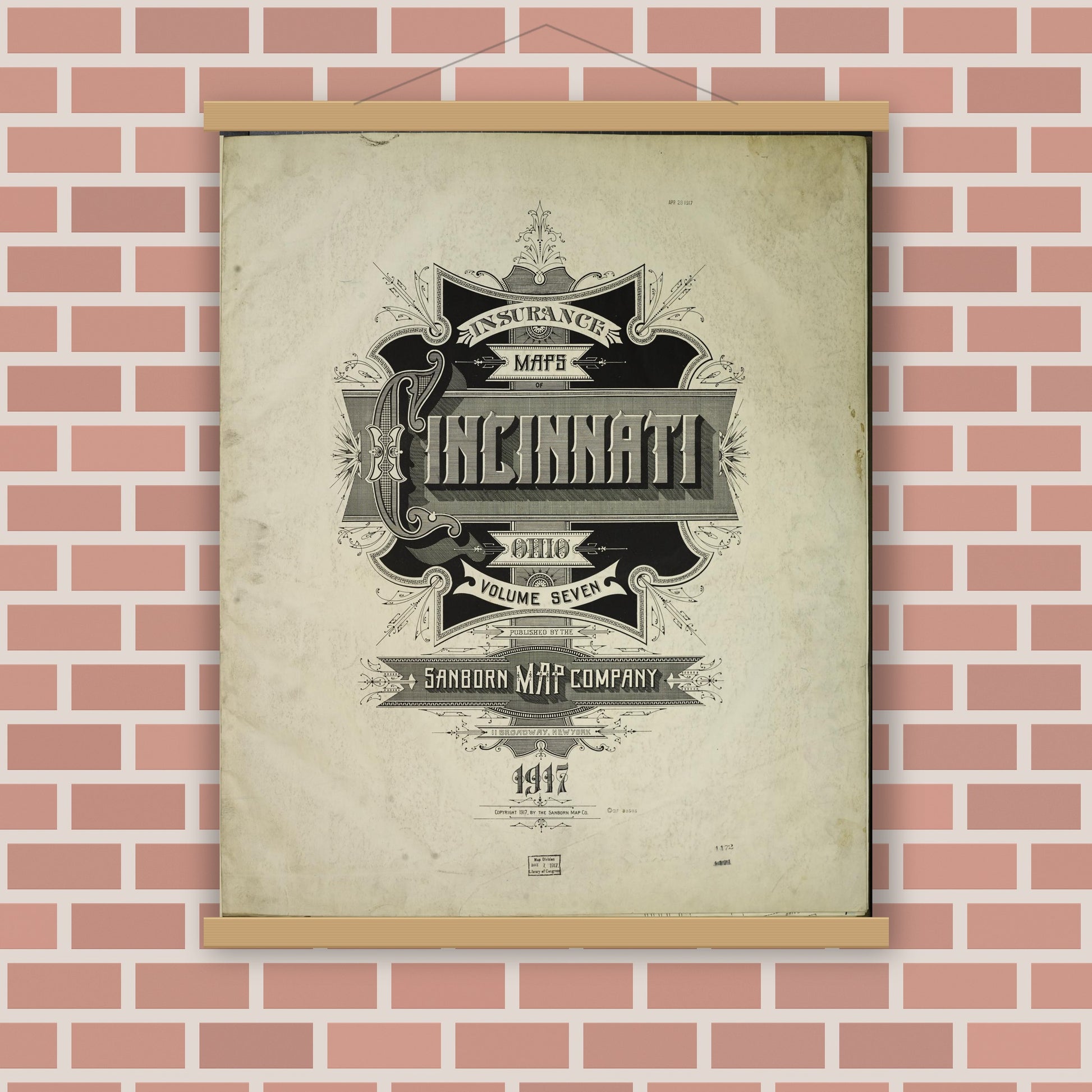 Old map wall art mockup — magnetic wood frame on brick wall — Sanborn Fire Insurance Map from Cincinnati, Hamilton County, Ohio (1917), Sheet #0001