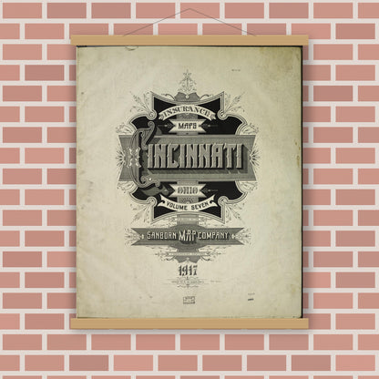 Old map wall art mockup — magnetic wood frame on brick wall — Sanborn Fire Insurance Map from Cincinnati, Hamilton County, Ohio (1917), Sheet #0001