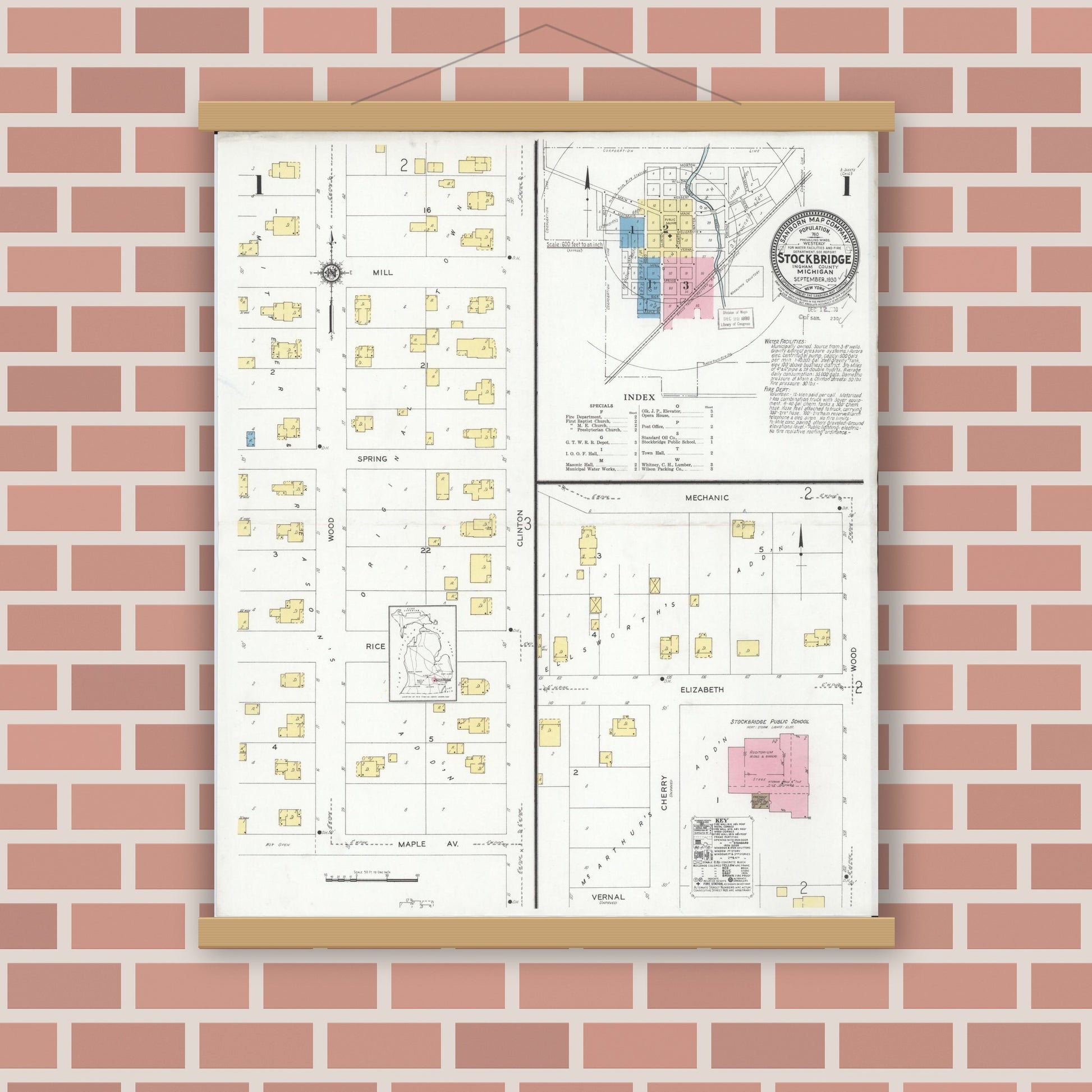 Old map wall art mockup — magnetic wood frame on brick wall — Sanborn Fire Insurance Map from Stockbridge, Ingham County, Michigan (1930) - Complete Map Set