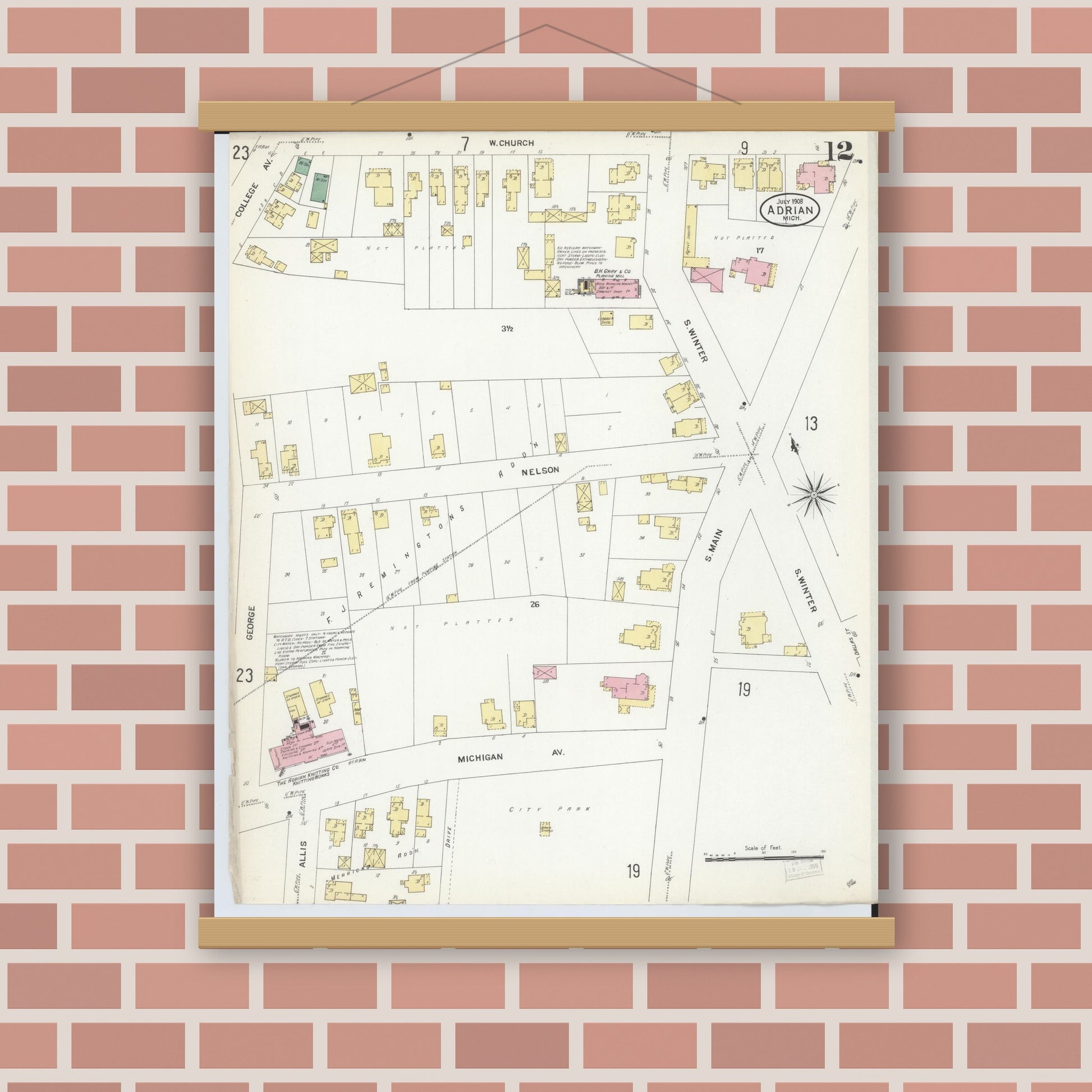 Old map wall art mockup — magnetic wood frame on brick wall — Sanborn Fire Insurance Map from Adrian, Lenawee County, Michigan (1908), Sheet #0012