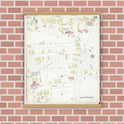 Old map wall art mockup — magnetic wood frame on brick wall — Sanborn Fire Insurance Map from Adrian, Lenawee County, Michigan (1908), Sheet #0012