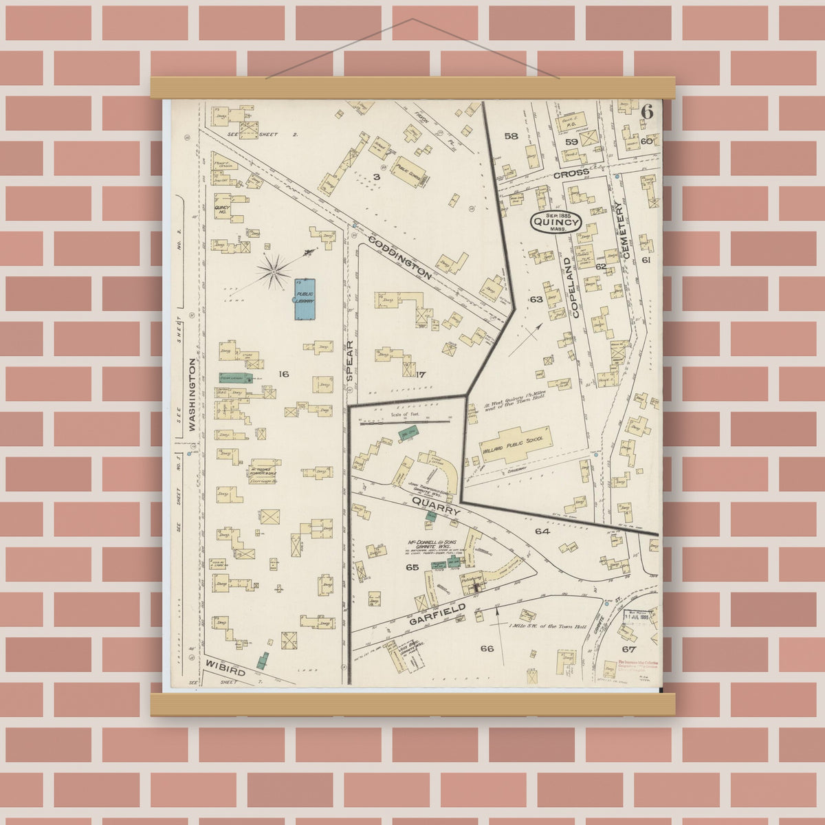Old map wall art mockup — magnetic wood frame on brick wall — Sanborn Fire Insurance Map from Quincy, Norfolk County, Massachusetts (1885), Sheet #0006