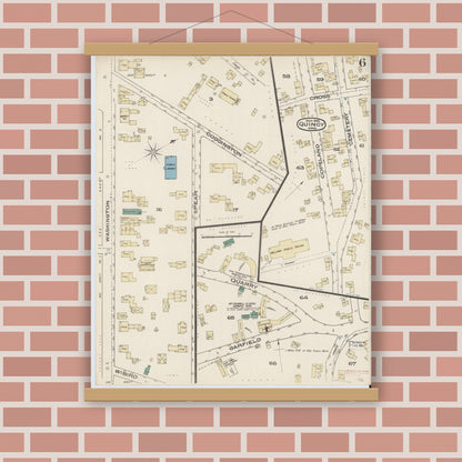 Old map wall art mockup — magnetic wood frame on brick wall — Sanborn Fire Insurance Map from Quincy, Norfolk County, Massachusetts (1885), Sheet #0006