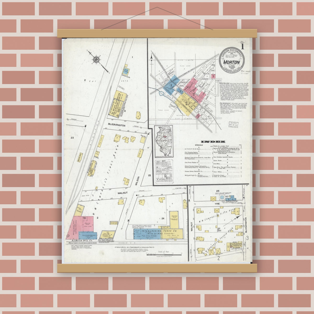 Old map wall art mockup — magnetic wood frame on brick wall — Sanborn Fire Insurance Map from Morton, Tazewell County, Illinois (1918), Sheet #0001