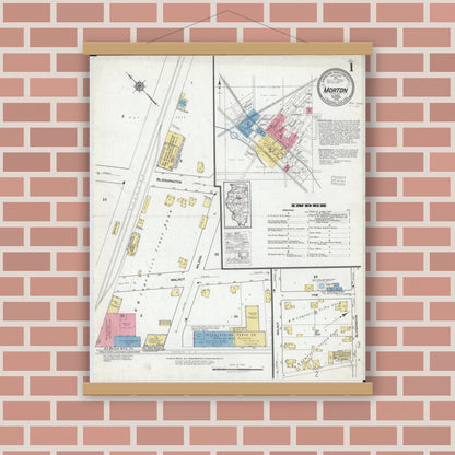 Old map wall art mockup — magnetic wood frame on brick wall — Sanborn Fire Insurance Map from Morton, Tazewell County, Illinois (1918), Sheet #0001