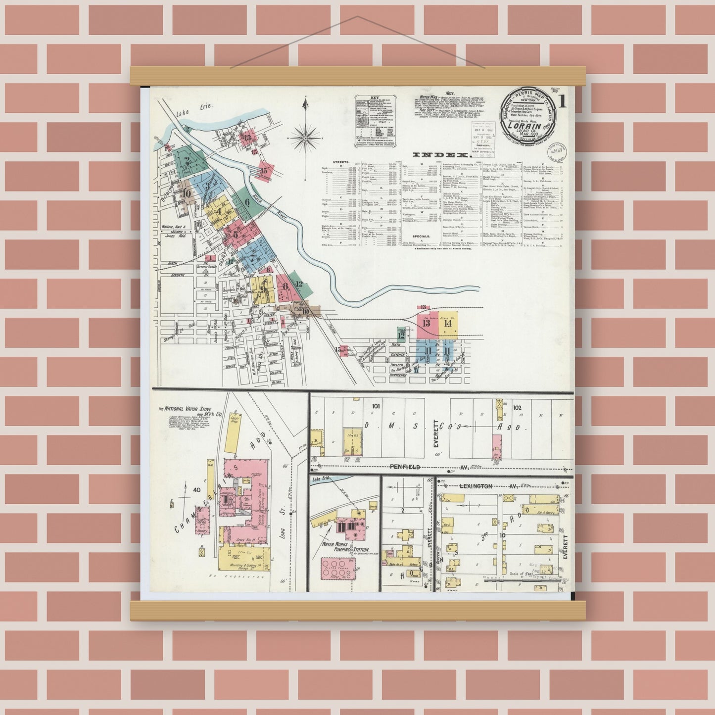 Old map wall art mockup — magnetic wood frame on brick wall — Sanborn Fire Insurance Map from Lorain, Lorain County, Ohio (1900) - Complete Map Set