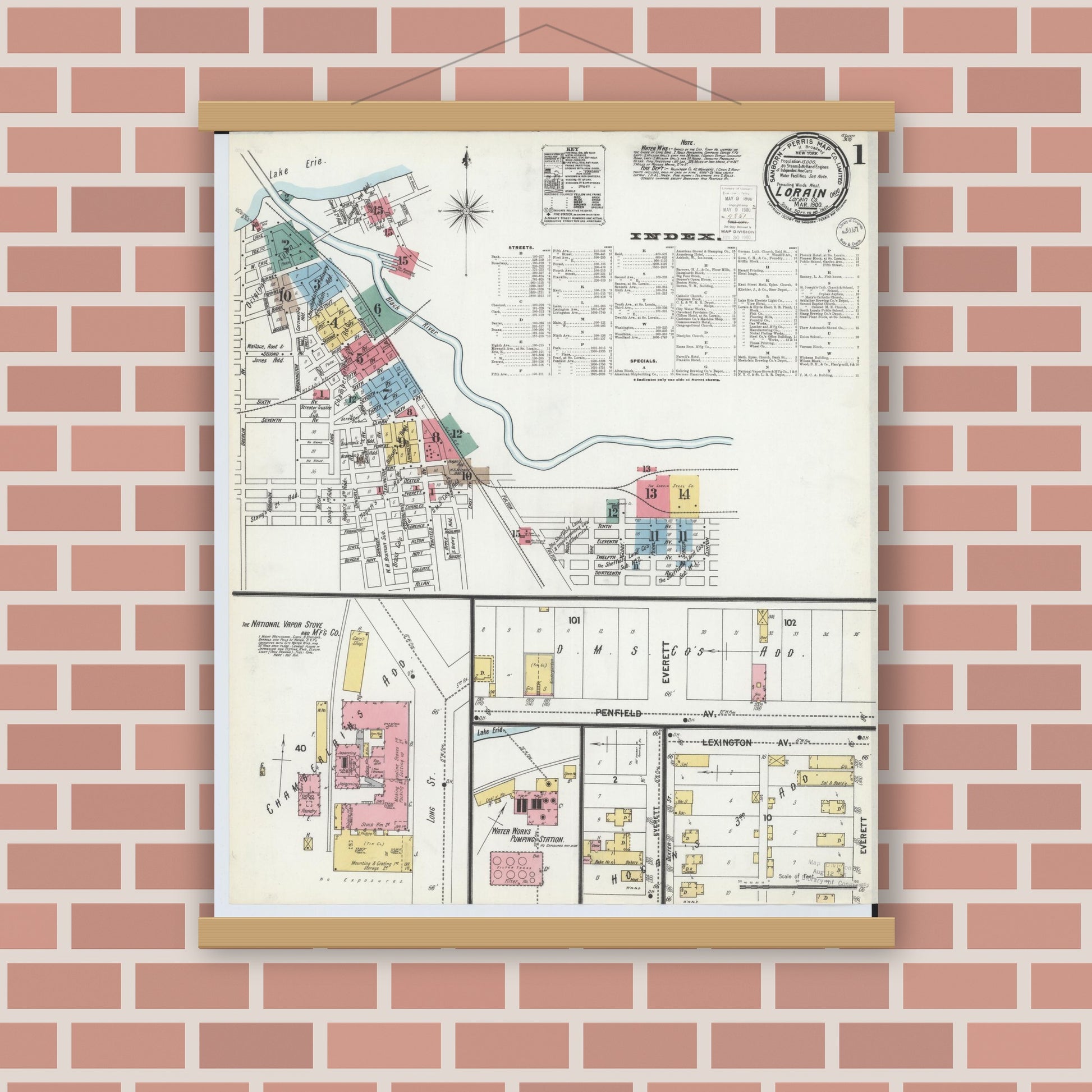 Old map wall art mockup — magnetic wood frame on brick wall — Sanborn Fire Insurance Map from Lorain, Lorain County, Ohio (1900) - Complete Map Set
