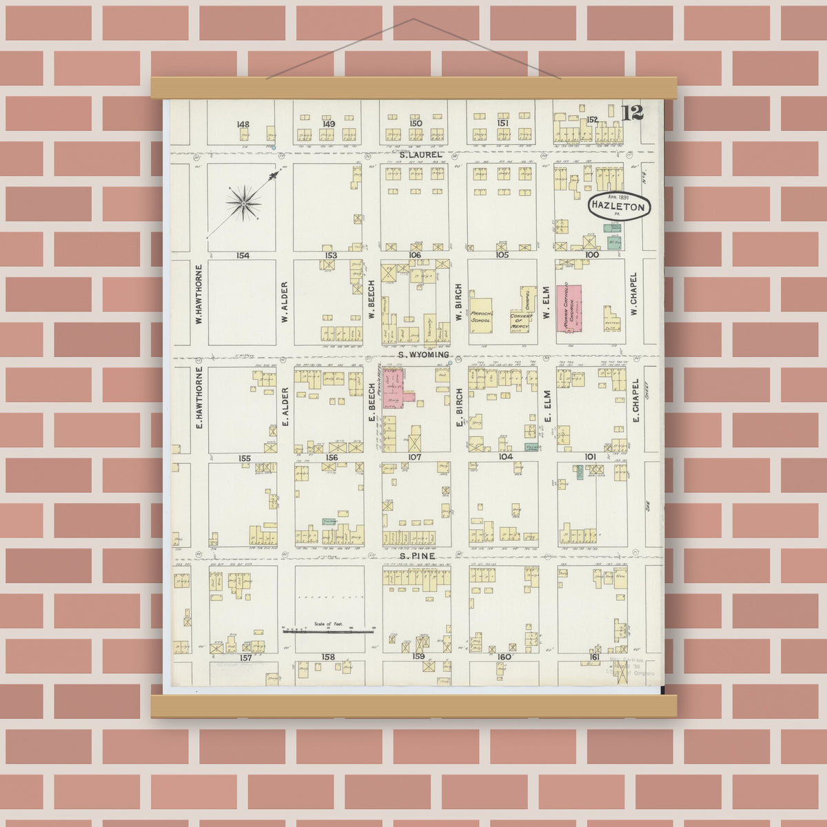 Old map wall art mockup — magnetic wood frame on brick wall — Sanborn Fire Insurance Map from Hazleton, Luzerne County, Pennsylvania (1891), Sheet #0012