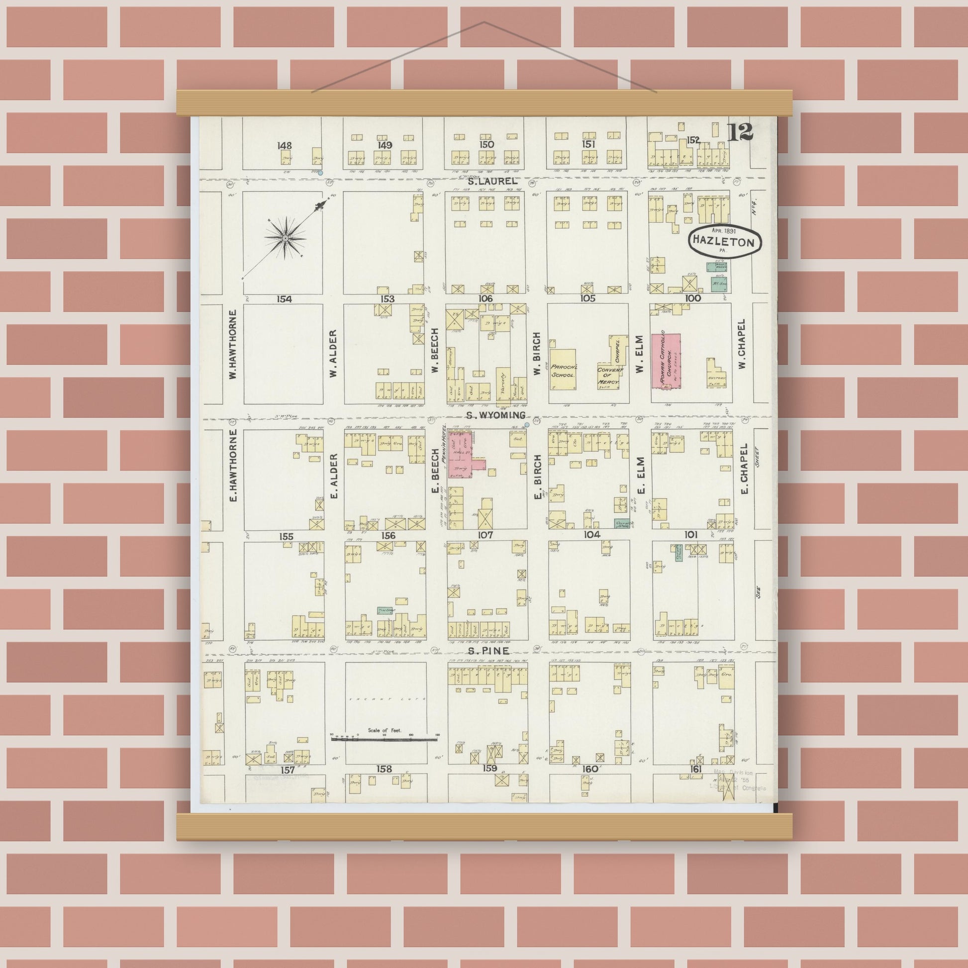 Old map wall art mockup — magnetic wood frame on brick wall — Sanborn Fire Insurance Map from Hazleton, Luzerne County, Pennsylvania (1891), Sheet #0012