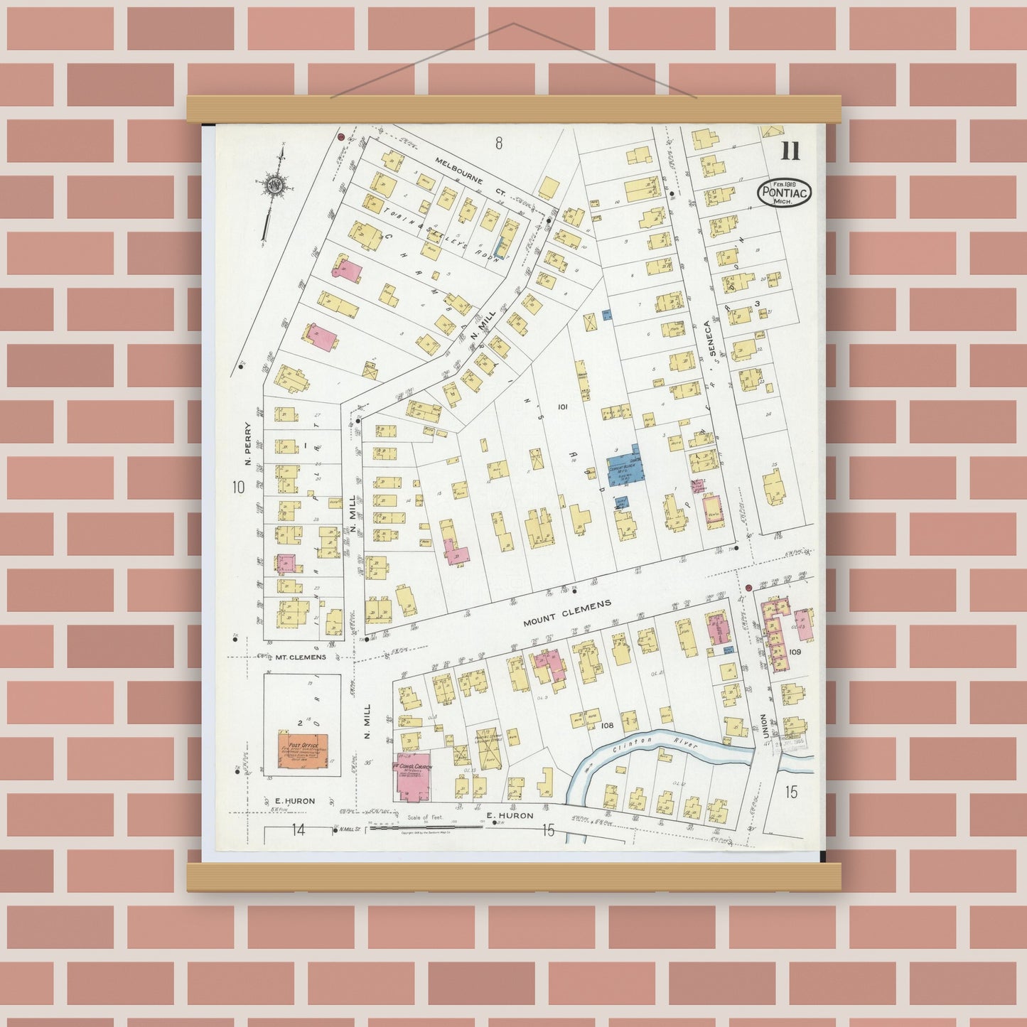 Old map wall art mockup — magnetic wood frame on brick wall — Sanborn Fire Insurance Map from Pontiac, Oakland County, Michigan (1919), Sheet #0011