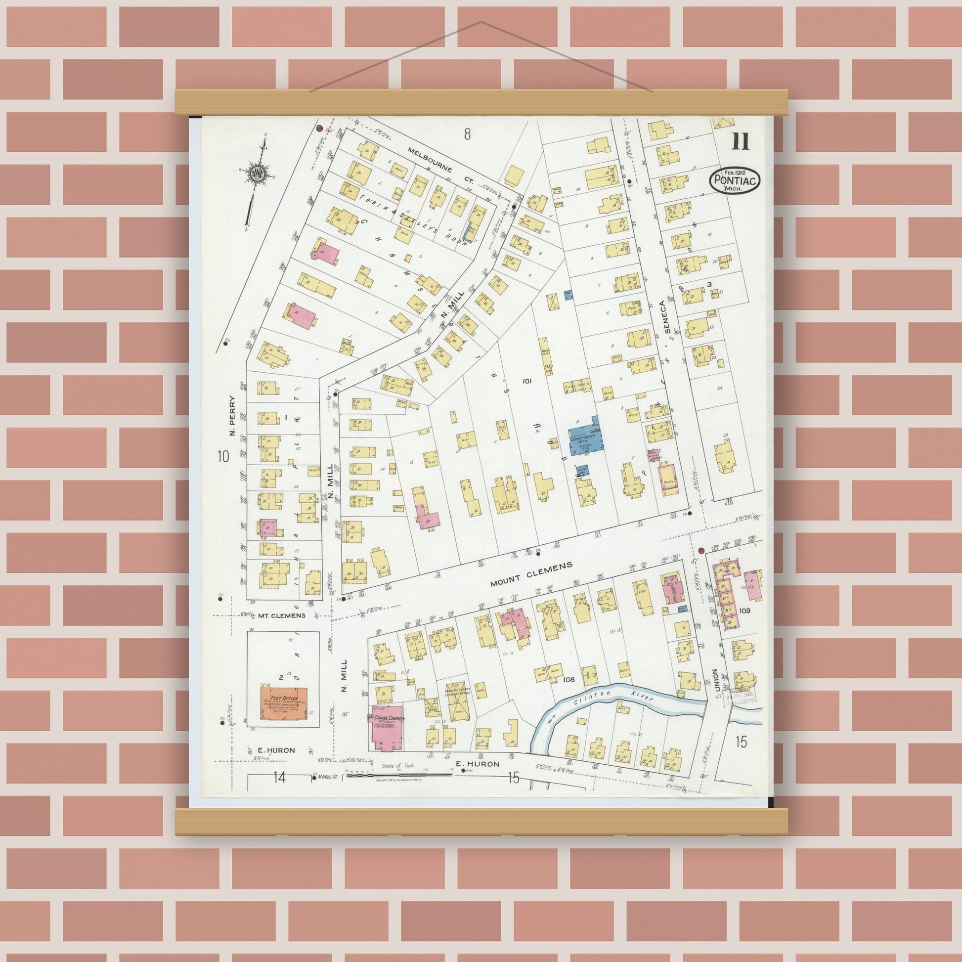 Old map wall art mockup — magnetic wood frame on brick wall — Sanborn Fire Insurance Map from Pontiac, Oakland County, Michigan (1919), Sheet #0011