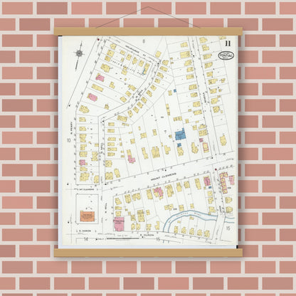 Old map wall art mockup — magnetic wood frame on brick wall — Sanborn Fire Insurance Map from Pontiac, Oakland County, Michigan (1919), Sheet #0011