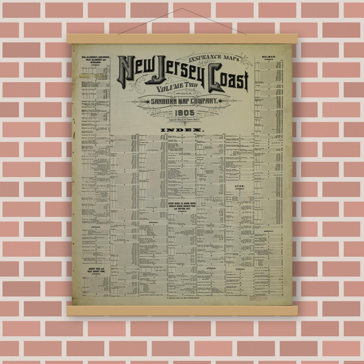 Old map wall art mockup — magnetic wood frame on brick wall — Sanborn Fire Insurance Map from New Jersey Coast, New Jersey Coast, New Jersey (1905), Sheet #0001