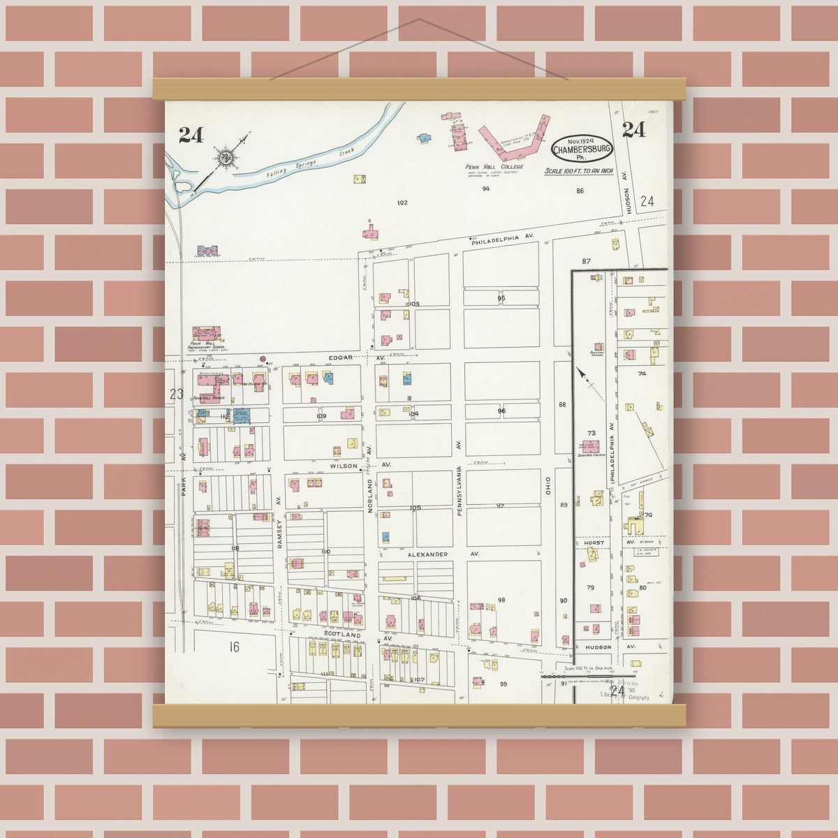 Old map wall art mockup — magnetic wood frame on brick wall — Sanborn Fire Insurance Map from Chambersburg, Franklin County, Pennsylvania (1924), Sheet #0024