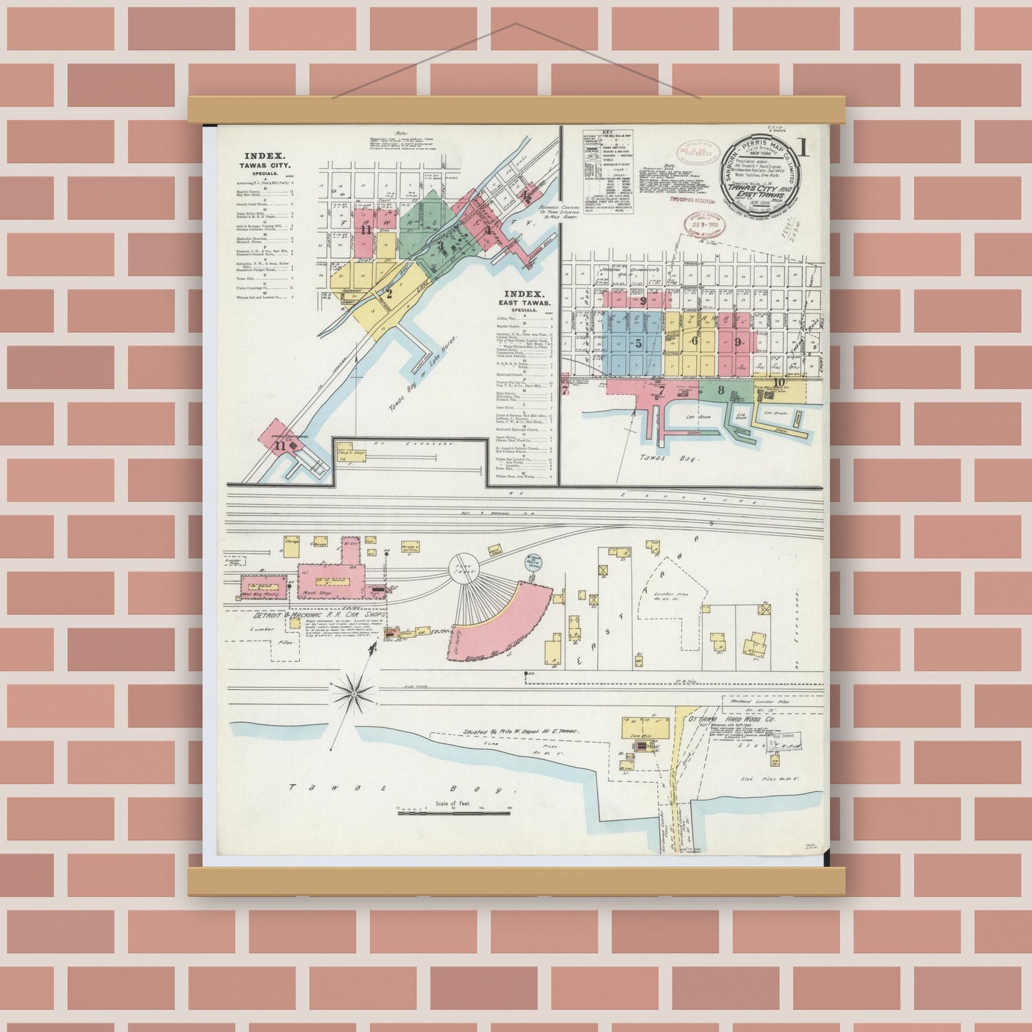 Old map wall art mockup — magnetic wood frame on brick wall — Sanborn Fire Insurance Map from Tawas City, Iosco County, Michigan (1898), Sheet #0001
