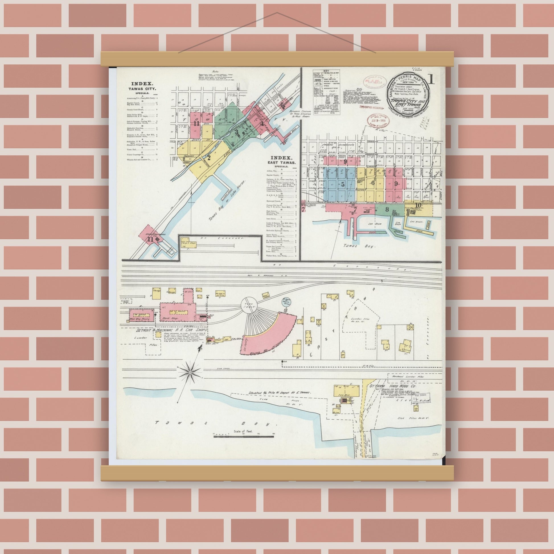 Old map wall art mockup — magnetic wood frame on brick wall — Sanborn Fire Insurance Map from Tawas City, Iosco County, Michigan (1898), Sheet #0001