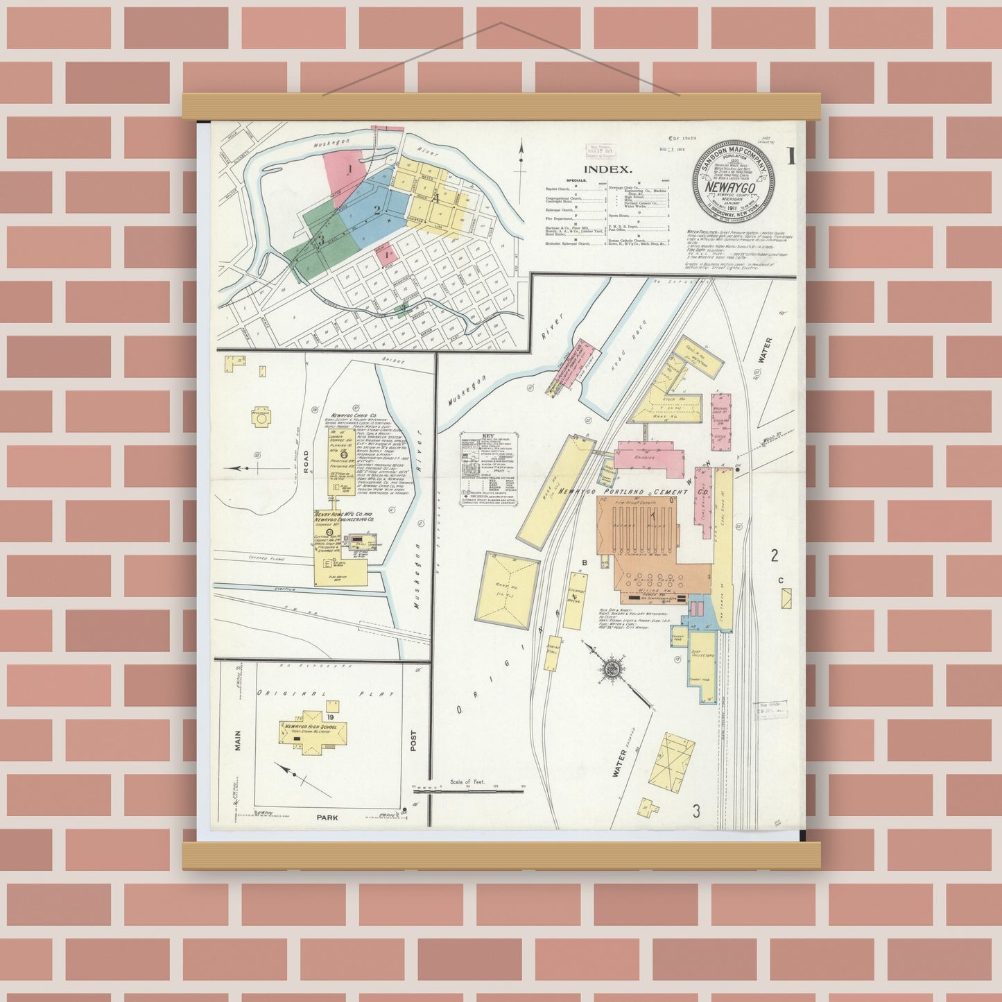 Old map wall art mockup — magnetic wood frame on brick wall — Sanborn Fire Insurance Map from Newaygo, Newaygo County, Michigan (1911), Sheet #0001