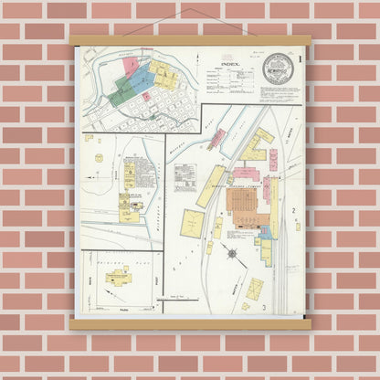 Old map wall art mockup — magnetic wood frame on brick wall — Sanborn Fire Insurance Map from Newaygo, Newaygo County, Michigan (1911), Sheet #0001