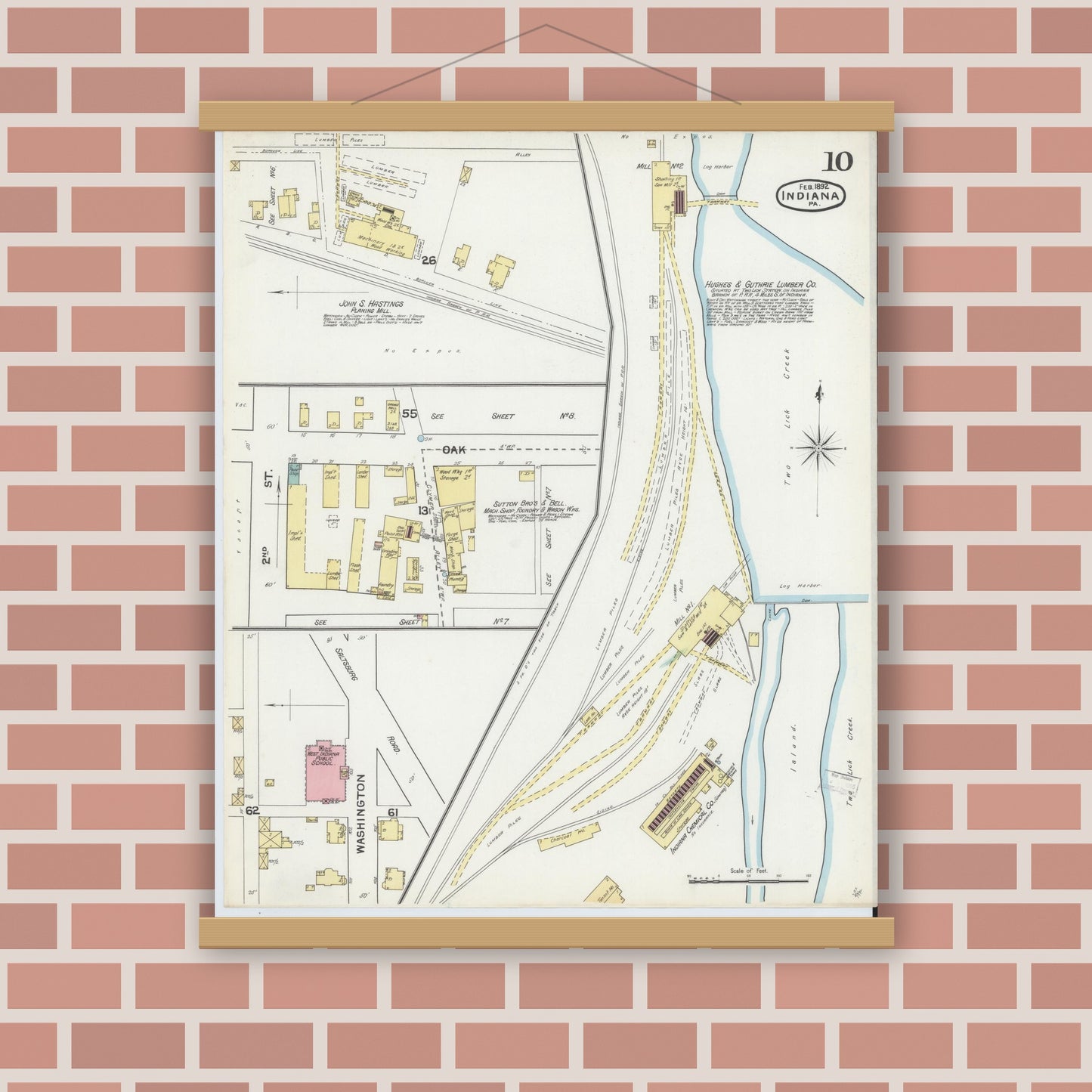 Old map wall art mockup — magnetic wood frame on brick wall — Sanborn Fire Insurance Map from Indiana, Indiana County, Pennsylvania (1892), Sheet #0010
