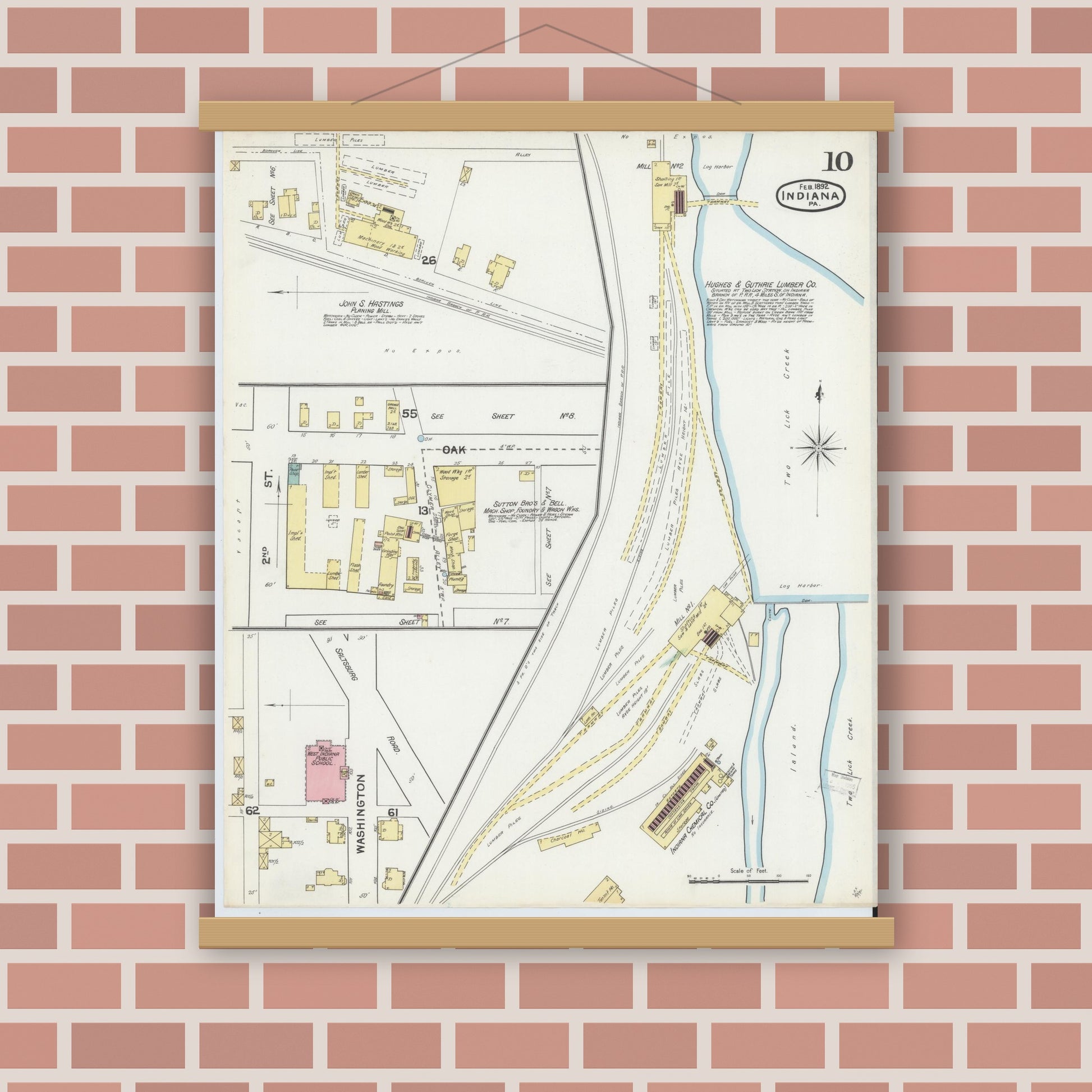Old map wall art mockup — magnetic wood frame on brick wall — Sanborn Fire Insurance Map from Indiana, Indiana County, Pennsylvania (1892), Sheet #0010