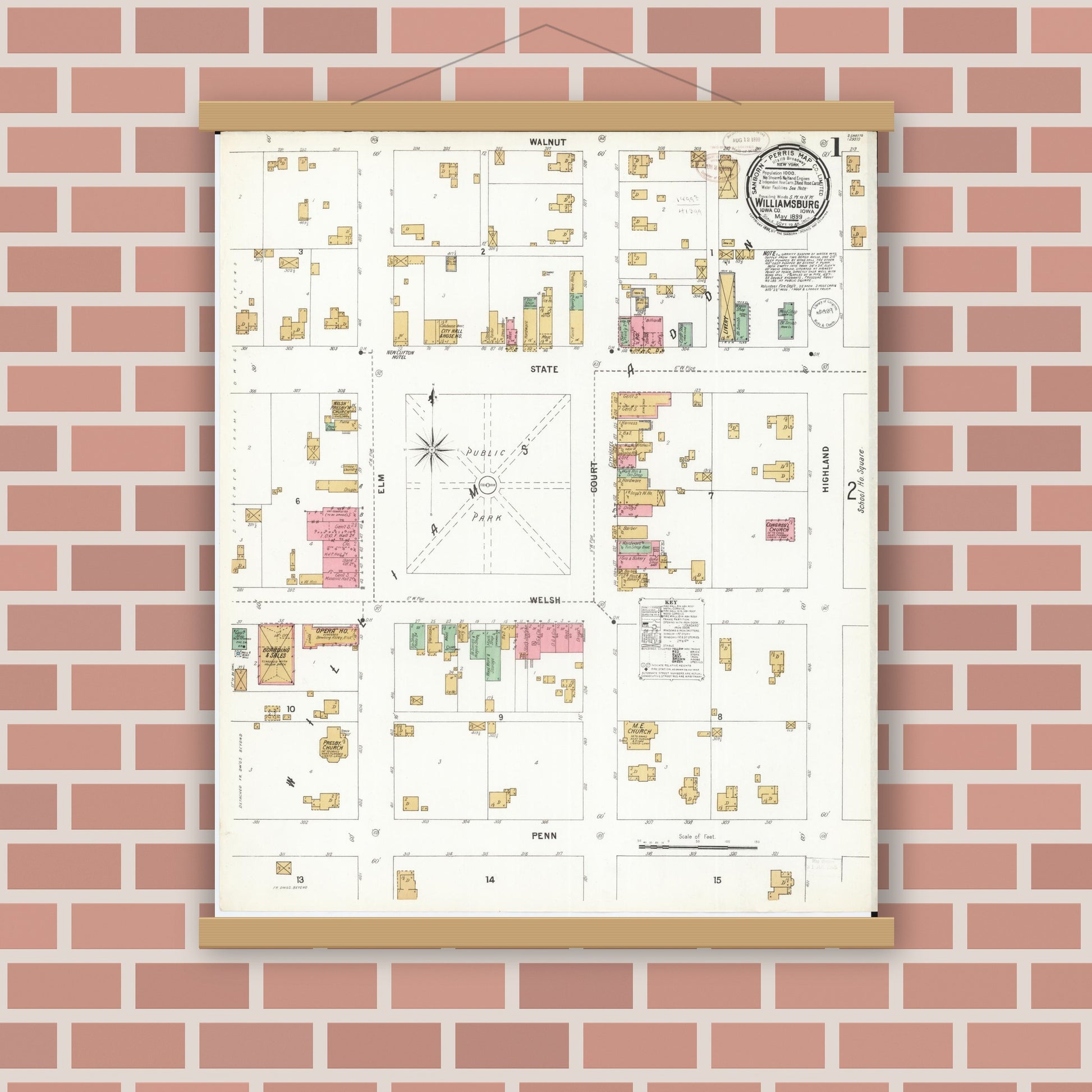 Old map wall art mockup — magnetic wood frame on brick wall — Sanborn Fire Insurance Map from Williamsburg, Iowa County, Iowa (1899) â€” Complete Set