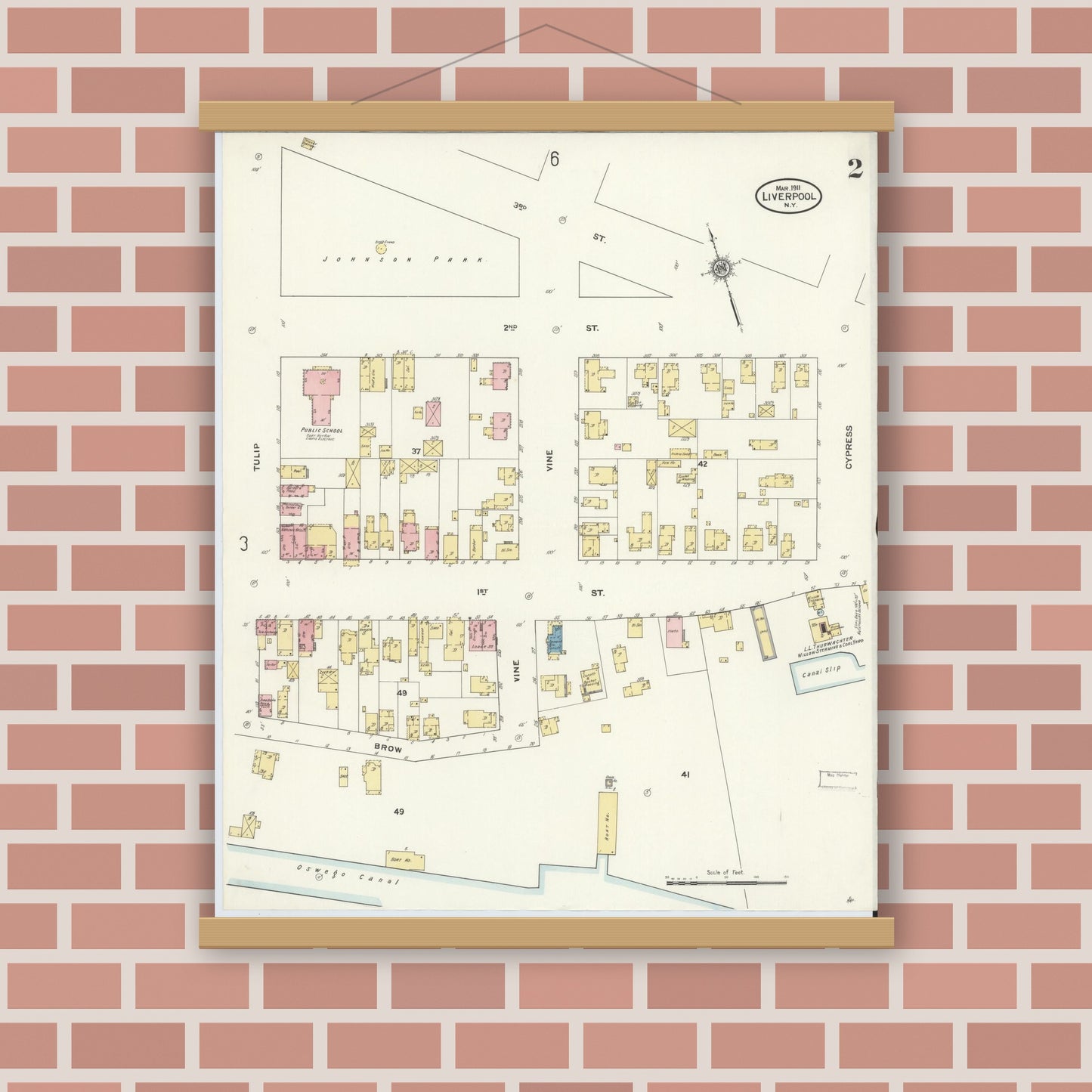 Old map wall art mockup — magnetic wood frame on brick wall — Sanborn Fire Insurance Map from Liverpool, Onondaga County, New York (1911), Sheet #0002