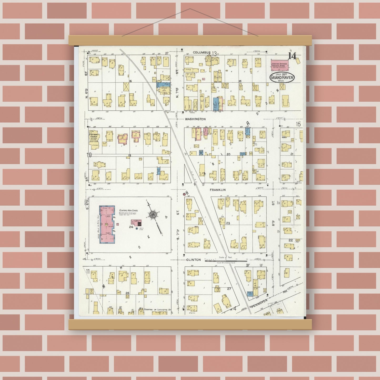 Old map wall art mockup — magnetic wood frame on brick wall — Sanborn Fire Insurance Map from Grand Haven, Ottawa County, Michigan (1920), Sheet #0014