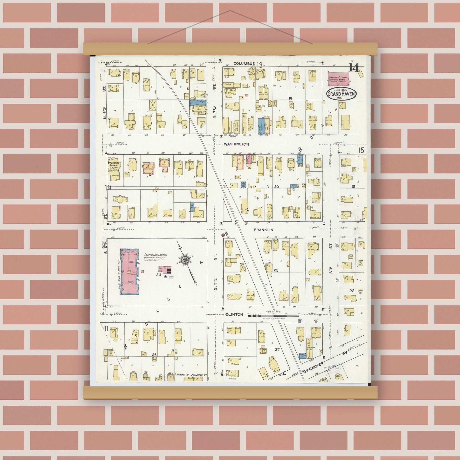Old map wall art mockup — magnetic wood frame on brick wall — Sanborn Fire Insurance Map from Grand Haven, Ottawa County, Michigan (1920), Sheet #0014