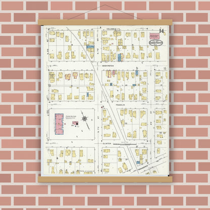 Old map wall art mockup — magnetic wood frame on brick wall — Sanborn Fire Insurance Map from Grand Haven, Ottawa County, Michigan (1920), Sheet #0014
