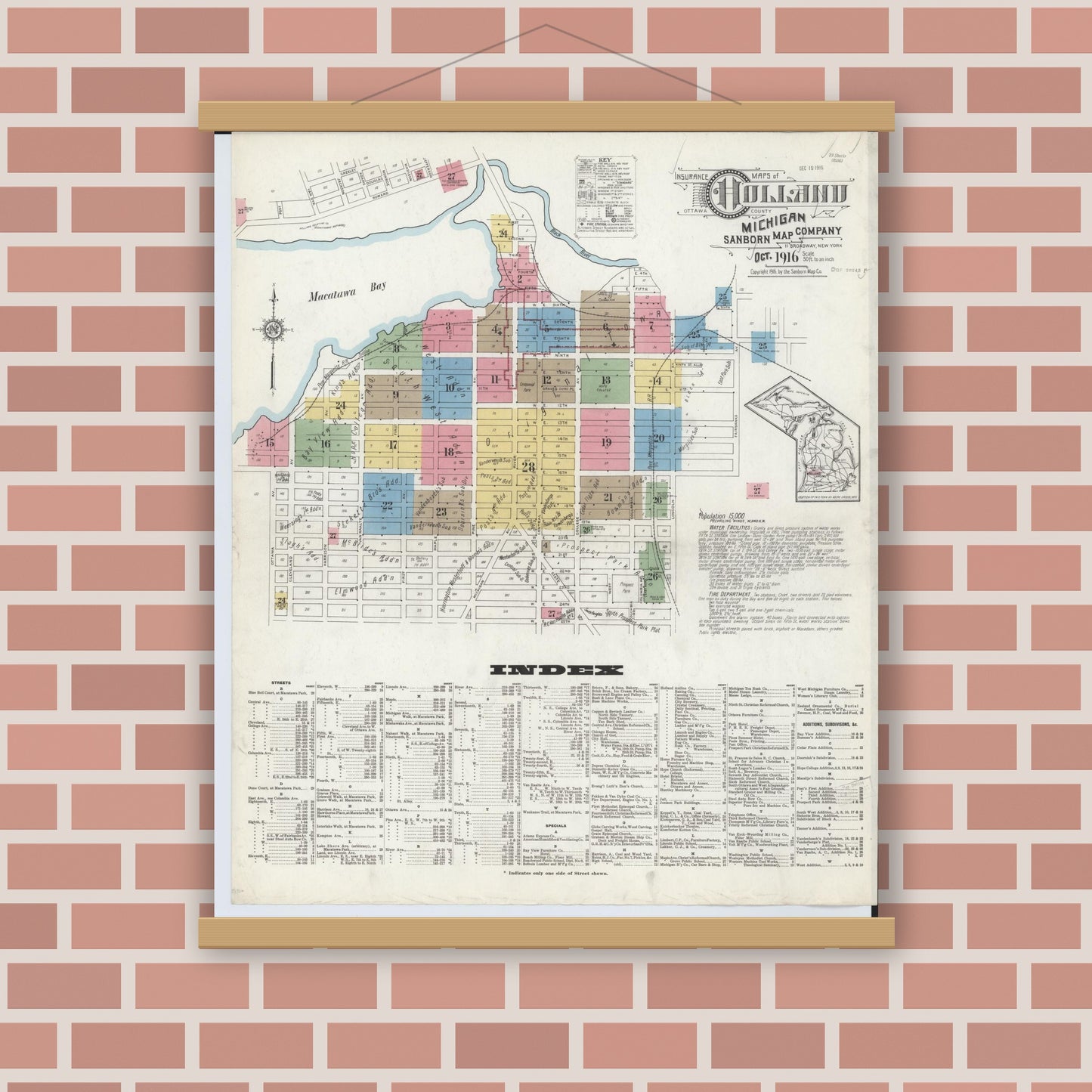 Old map wall art mockup — magnetic wood frame on brick wall — Sanborn Fire Insurance Map from Holland, Ottawa County, Michigan (1916), Sheet #0001
