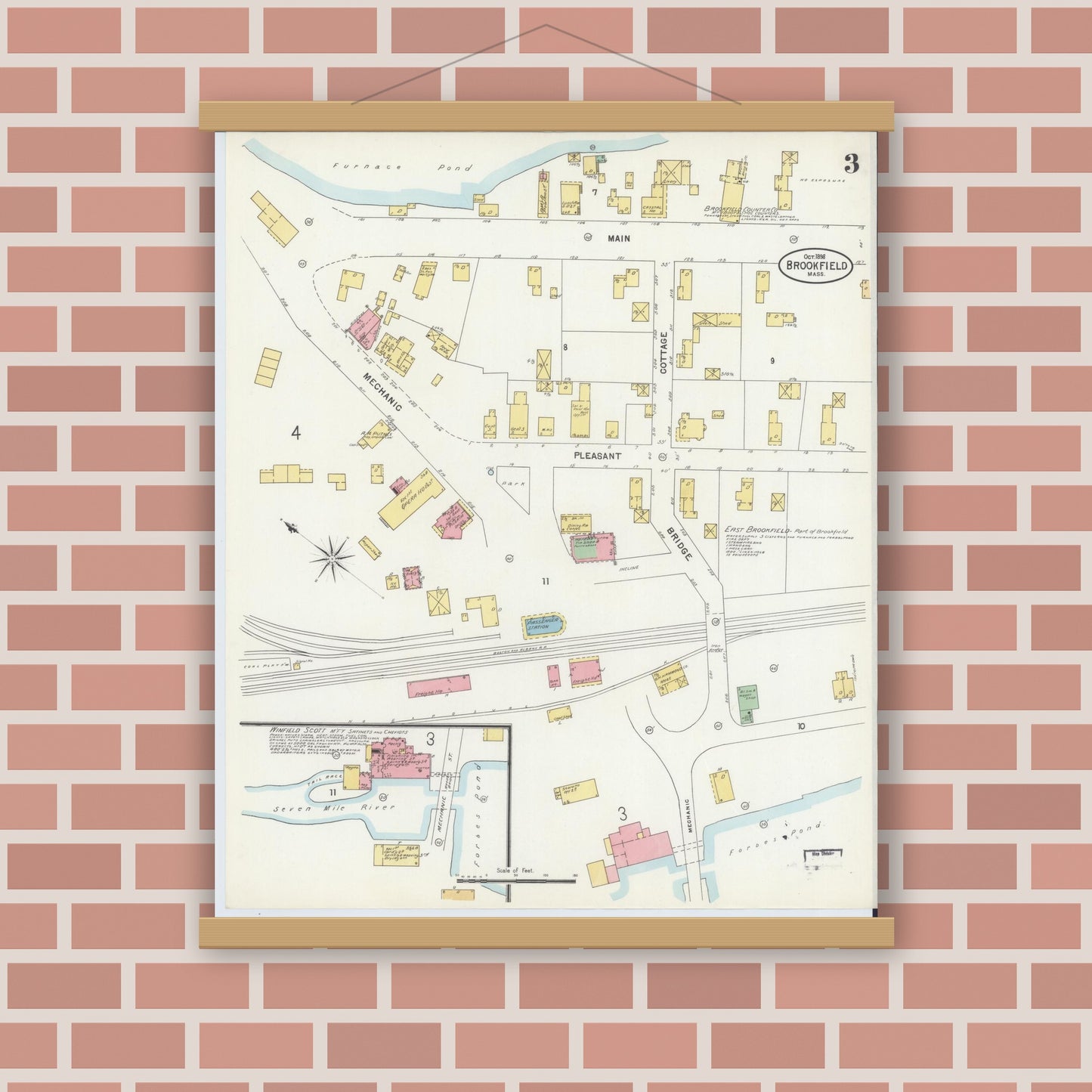Old map wall art mockup — magnetic wood frame on brick wall — Sanborn Fire Insurance Map from Brookfield, Worcester County, Massachusetts (1898), Sheet #0003