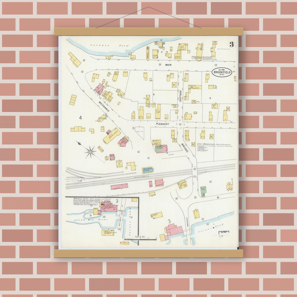Old map wall art mockup — magnetic wood frame on brick wall — Sanborn Fire Insurance Map from Brookfield, Worcester County, Massachusetts (1898), Sheet #0003