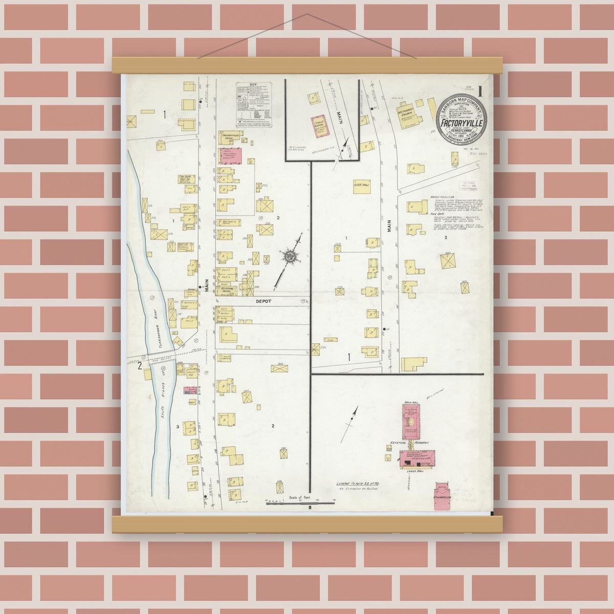 Old map wall art mockup — magnetic wood frame on brick wall — Sanborn Fire Insurance Map from Factoryville, Wyoming County, Pennsylvania (1911), Sheet #0001