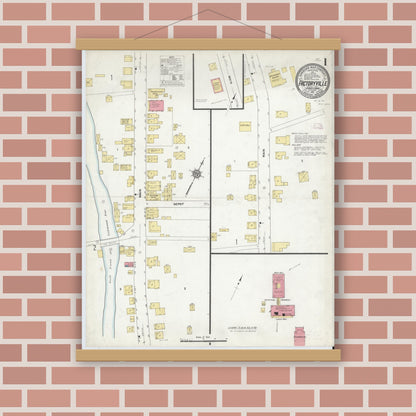Old map wall art mockup — magnetic wood frame on brick wall — Sanborn Fire Insurance Map from Factoryville, Wyoming County, Pennsylvania (1911), Sheet #0001