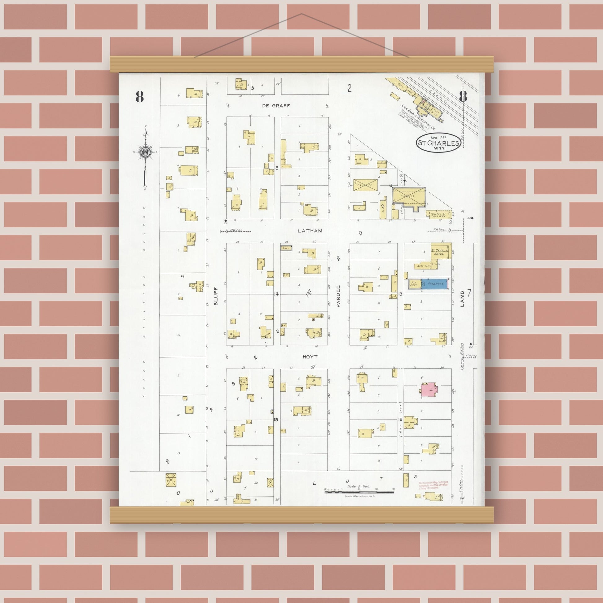 Old map wall art mockup — magnetic wood frame on brick wall — Sanborn Fire Insurance Map from Saint Charles, Winona County, Minnesota (1927), Sheet #0008