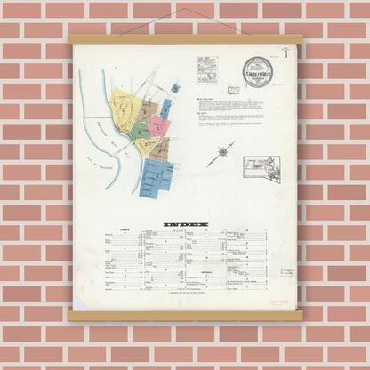 Old map wall art mockup — magnetic wood frame on brick wall — Sanborn Fire Insurance Map from South Hadley Falls, Hampshire County, Massachusetts (1918) - Complete Map Set