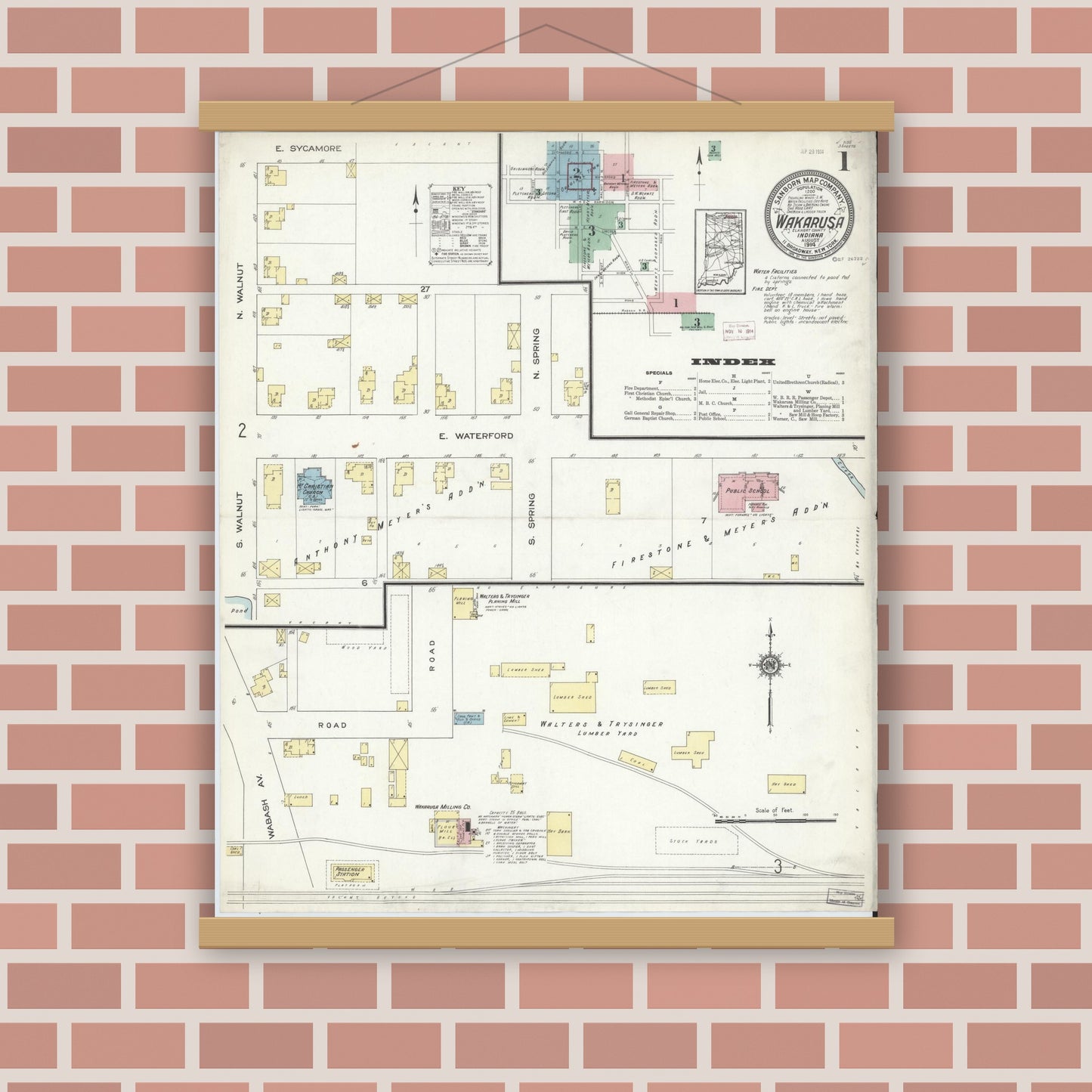 Old map wall art mockup — magnetic wood frame on brick wall — Sanborn Fire Insurance Map from Wakarusa, Elkhart County, Indiana (1914) - Complete Map Set