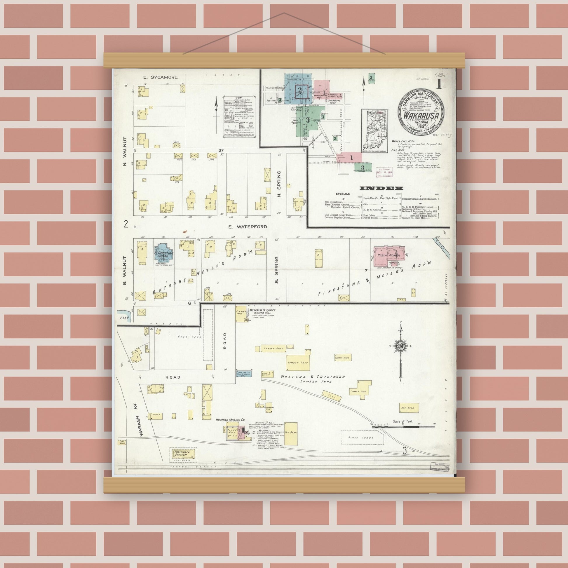 Old map wall art mockup — magnetic wood frame on brick wall — Sanborn Fire Insurance Map from Wakarusa, Elkhart County, Indiana (1914) - Complete Map Set