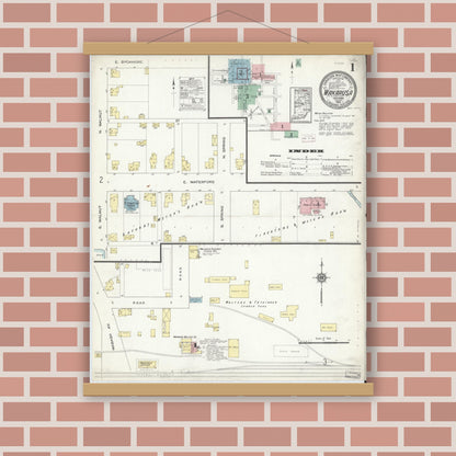 Old map wall art mockup — magnetic wood frame on brick wall — Sanborn Fire Insurance Map from Wakarusa, Elkhart County, Indiana (1914) - Complete Map Set