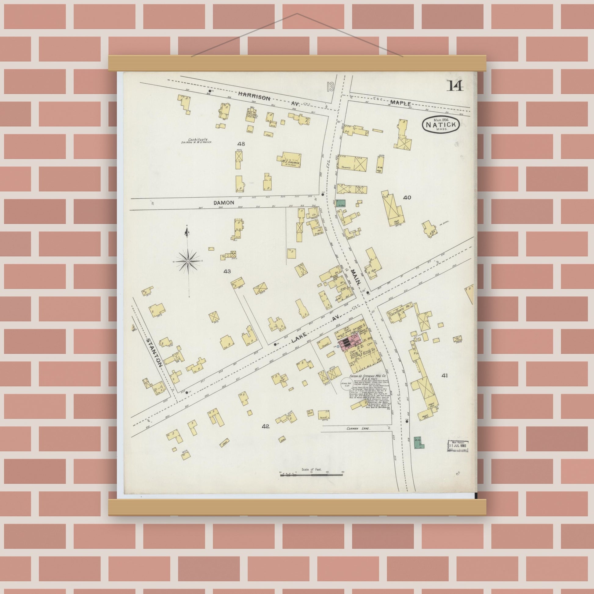 Old map wall art mockup — magnetic wood frame on brick wall — Sanborn Fire Insurance Map from Natick, Middlesex County, Massachusetts (1894), Sheet #0014