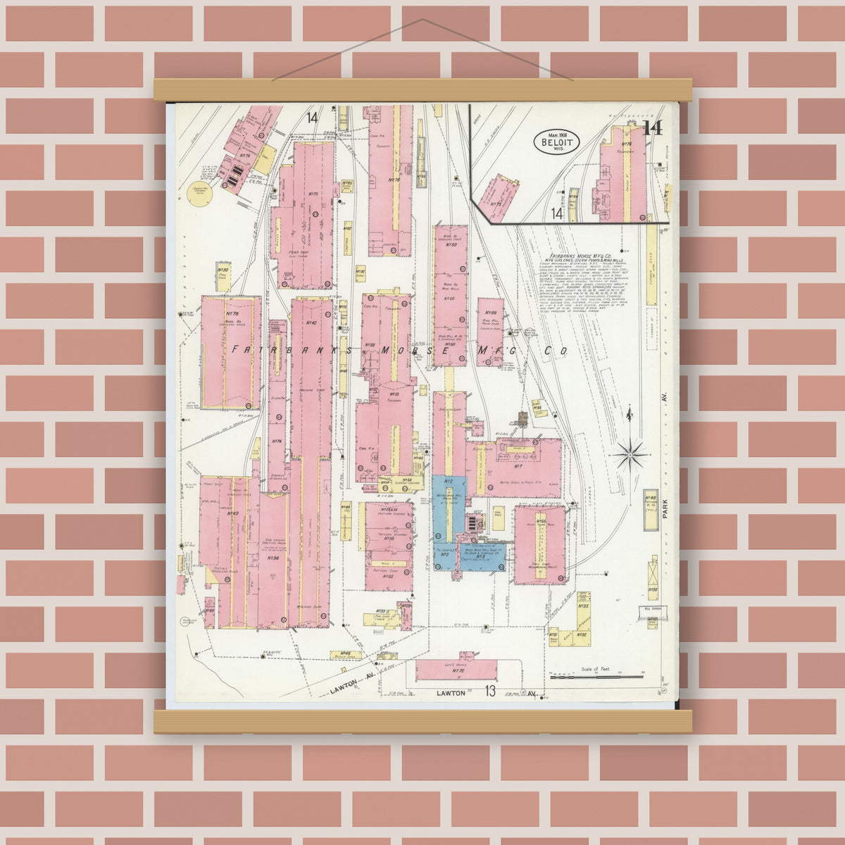 Old map wall art mockup — magnetic wood frame on brick wall — Sanborn Fire Insurance Map from Beloit, Rock County, Wisconsin (1908), Sheet #0014