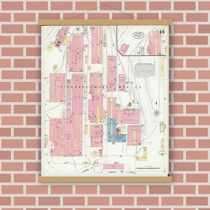Old map wall art mockup — magnetic wood frame on brick wall — Sanborn Fire Insurance Map from Beloit, Rock County, Wisconsin (1908), Sheet #0014